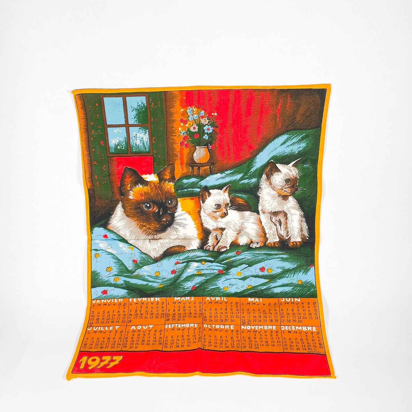 1977 Siamese cats fabric calendar