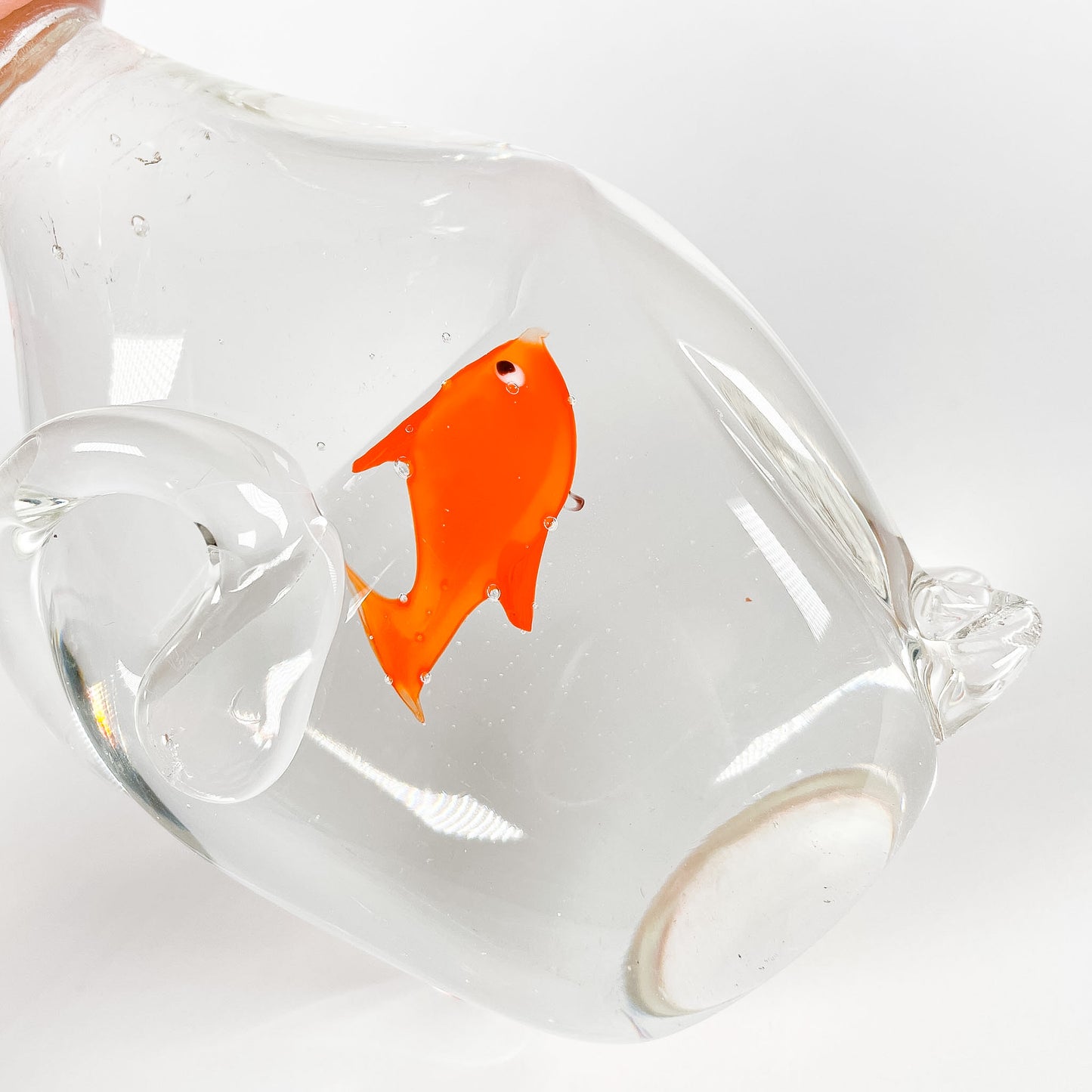 Transparent blown glass cat with goldfish