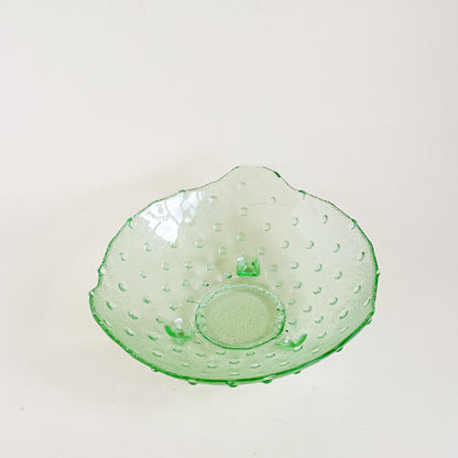 Green hobnail footed glass bowl