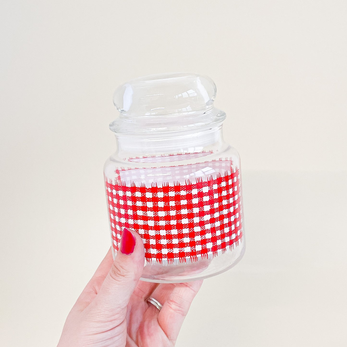 Red houndstooth glass jar